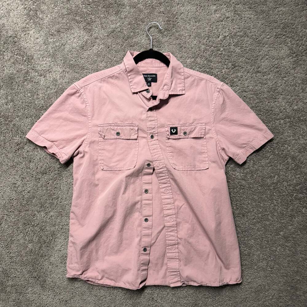 True Religion Men's Short Sleeve Button Down Shirt Pink Size S